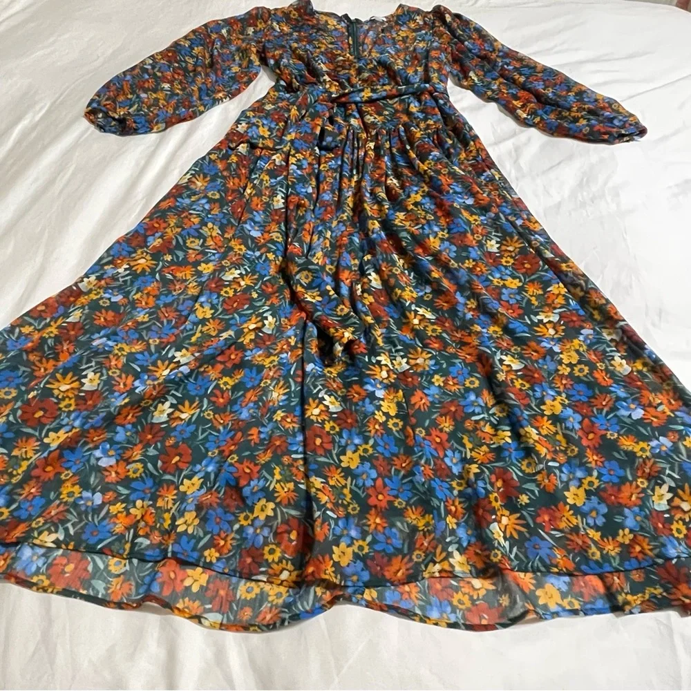 Surplice‎ Neck Three-Quarter Sleeve Floral Print Faux Wrap Midi Dress Sz 8 - Picture 4 of 14